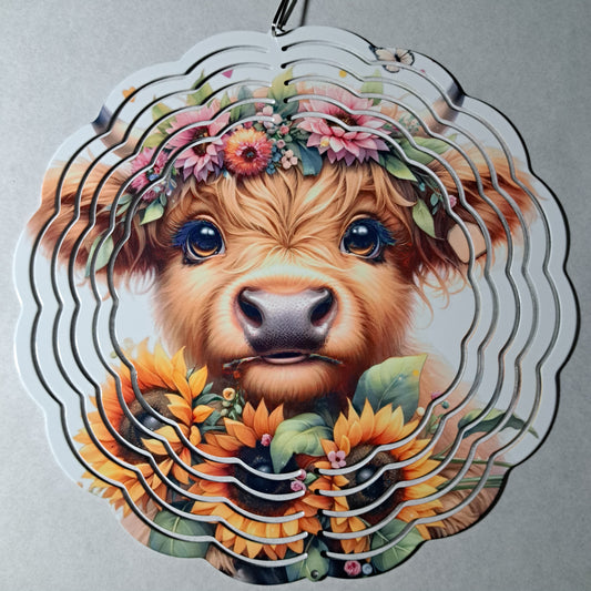 Highland Cow Wind Spinner, round 8 inch, 3D, metal-aluminum